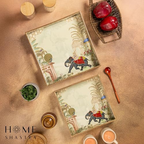 Image of Wooden Serving Tray with Gold Engraving | Set of 2 | Size : 12 x 12 inch & 10 x 10 inch | Enamel Coated Waterproof | Square Trays | Decorative Trays | (Elephant Square Trays Set)