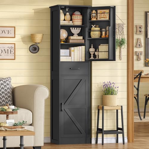 Image of TEENFON Tall Storage Cabinet with 3 Door Shelves & 1 Drawer, Narrow Kitchen Pantry Cabinet for Living Room, Bathroom, Entryway, Black