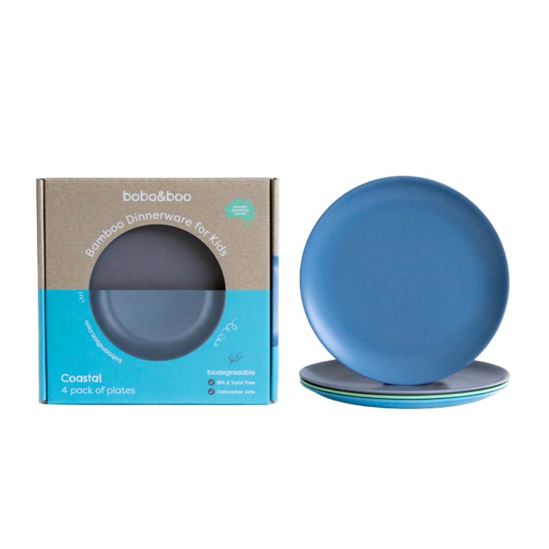 Bobo&Boo Bamboo Kids Plates(7.8inch), Set of 4 Eco Friendly Toddler Plates :: Non Toxic Children’s Dinnerware for Babies & Big Kids :: Mix and Match :: Great Gift for Baby Showers & Birthdays, Coastal