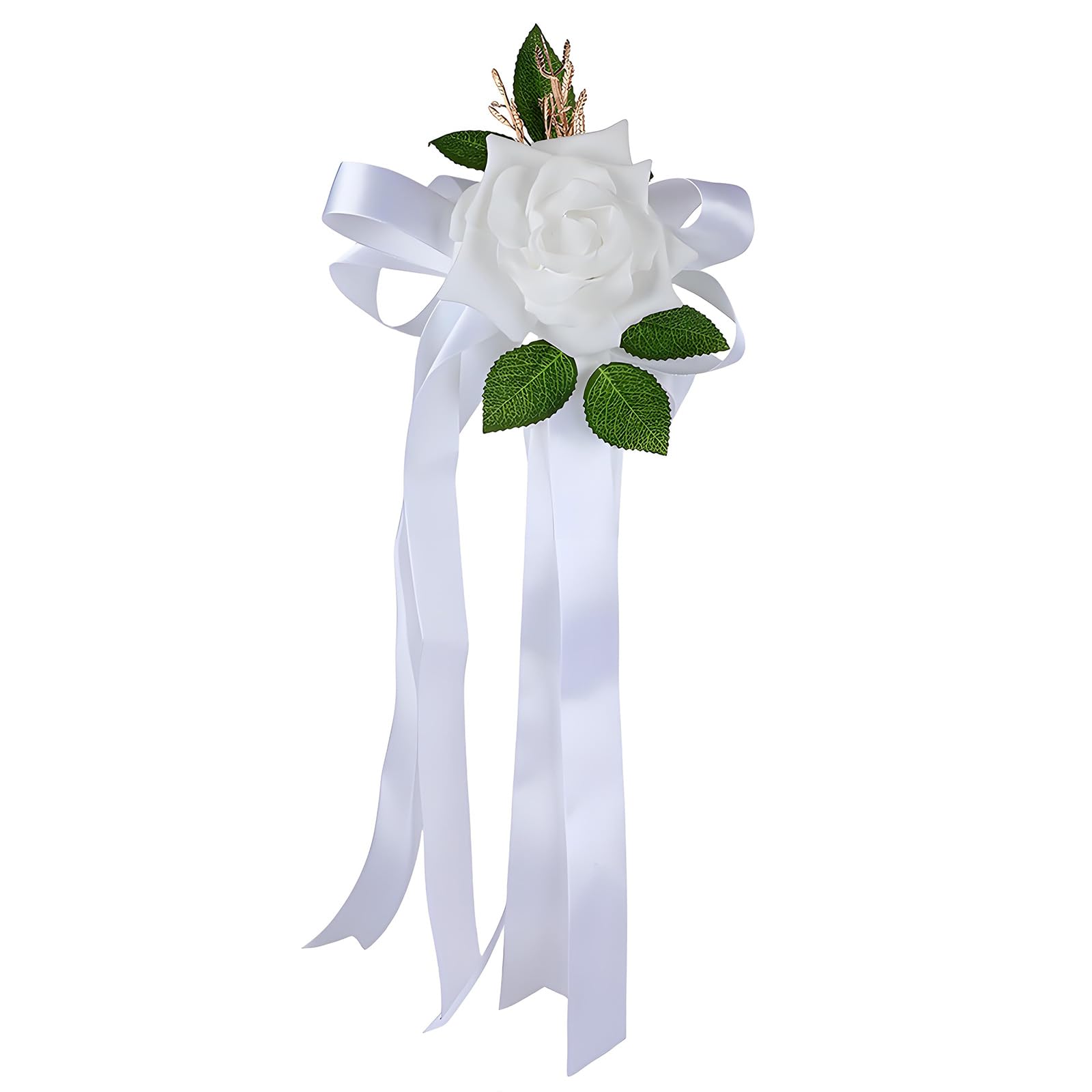 Shntig White Car Rose Decoration With Faux Greenery And Ribbon Tails For Wedding, Engagement And Celebration Displays Bridal Car Flower Decor Faux Rose Ceremony Styling Engagement Backdrop Photo Scene
