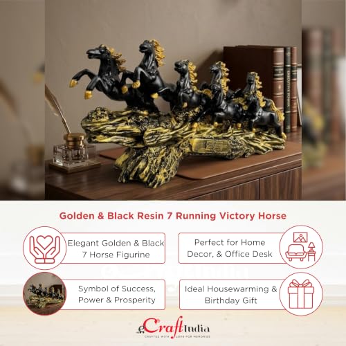 Image of eCraftIndia Golden & Black Resin 7 Running Victory Horse Statue | Vastu Feng Shui Showpiece for Home Decor Office | Horse Figurine Good Luck Gift for Housewarming Birthday