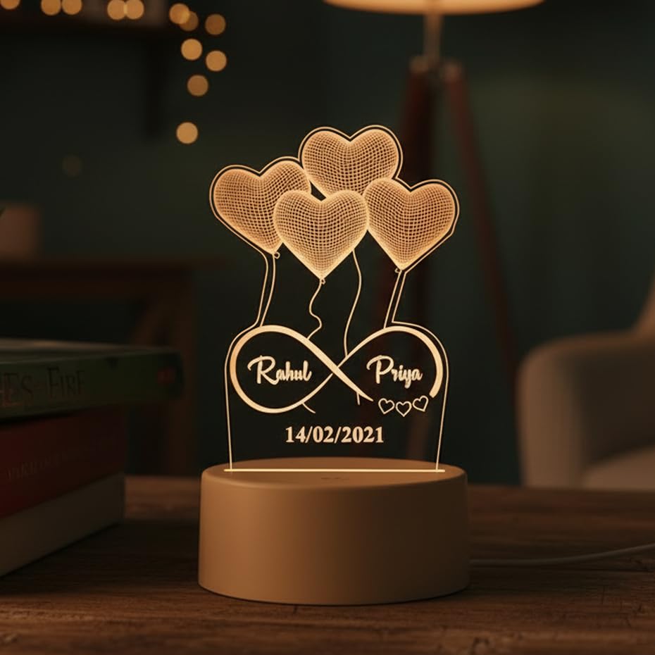Image of Custom Infinity Couple Name LED Lamp Birthday Gift - Customized Gift Romantic Acrylic Frame Heart Balloons for Anniversary & Valentine Gift for Girlfriend, Wife Mom & Dad - 4x6 Inch