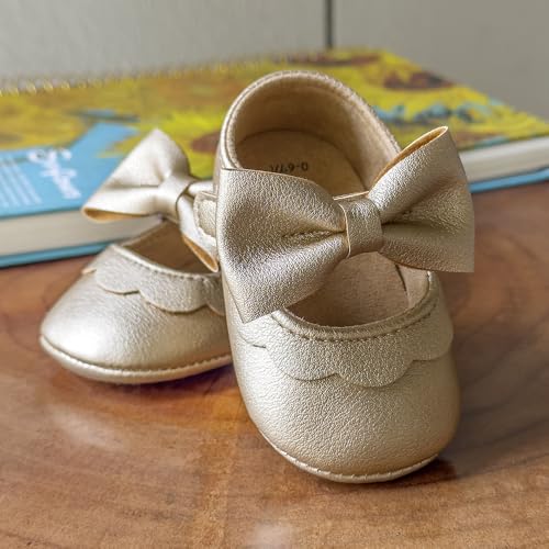 Image of Baby Girls Mary Jane Flats with Bowknot Flowers Princess Wedding Dress Ballet Shoes Non-Slip Toddler First Walkers Newborn Crib Shoes