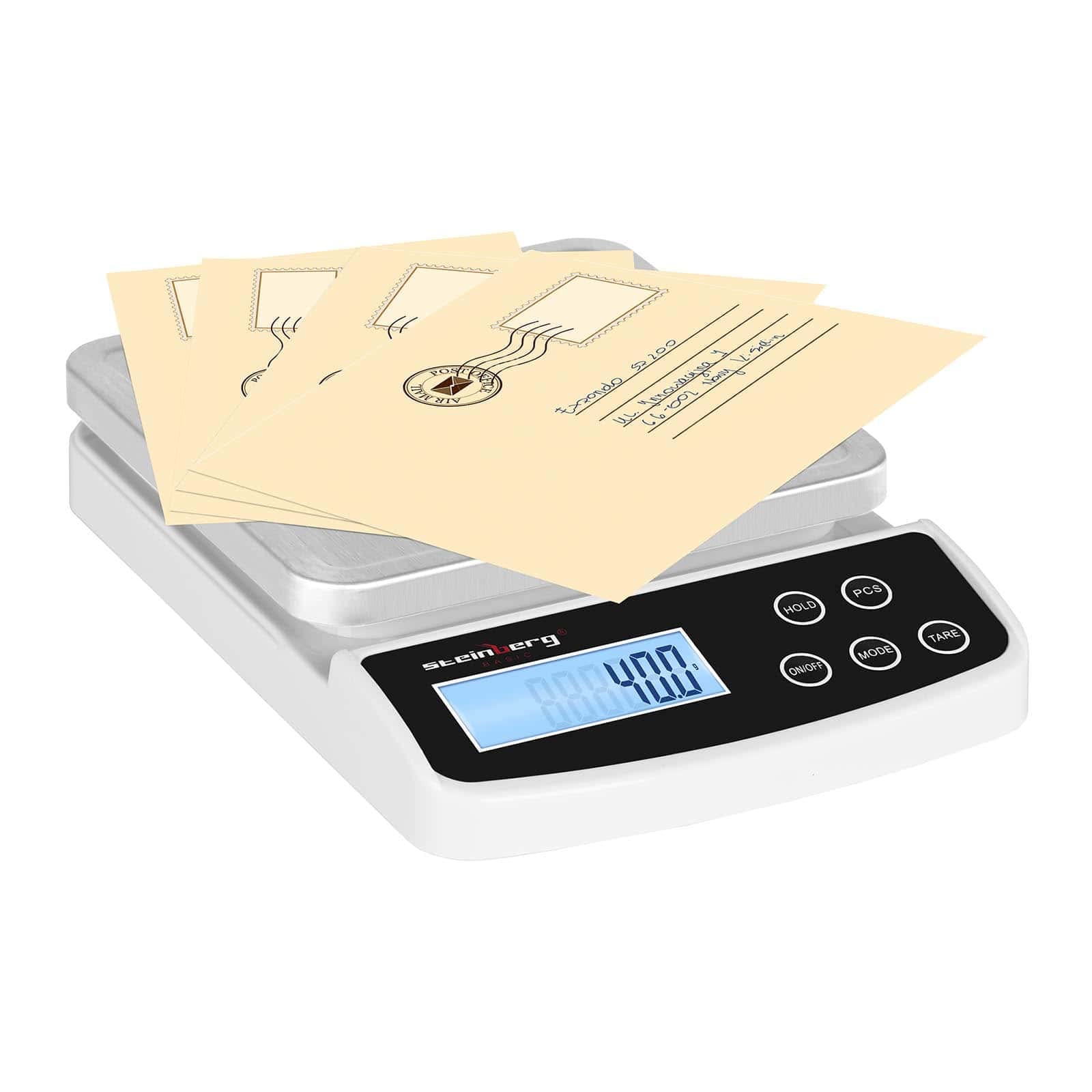 Steinberg Systems SBS-LW-5000/100 waga pocztowa, waga do paczek, waga cyfrowa (5 kg/0,1 g, 2 x AAA, 15,2 x 15,2 cm, wyświetlacz LCD)