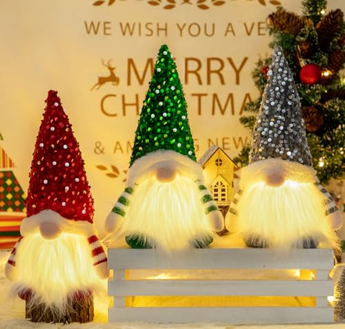 Christmas Gnome Decorations Indoor 30cm Light Up Christmas Gnomes Plush Doll Ornaments Glitter Sequins Swedish Hat Leprechaun Dwarf Gift Home Table Decor (3PCS)