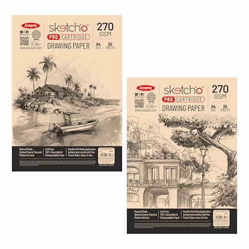 Image of Anupam SketchO Pro Sketching & Drawing Paper A4 | 20 Sheet 40 Pages | 270 GSM Sheet for Pencil, Charcoal, Graphite, redchalk Pastel, Chalk, Oil Pastel & Wax Crayon for Artist's & Amateurs (Set of 2)