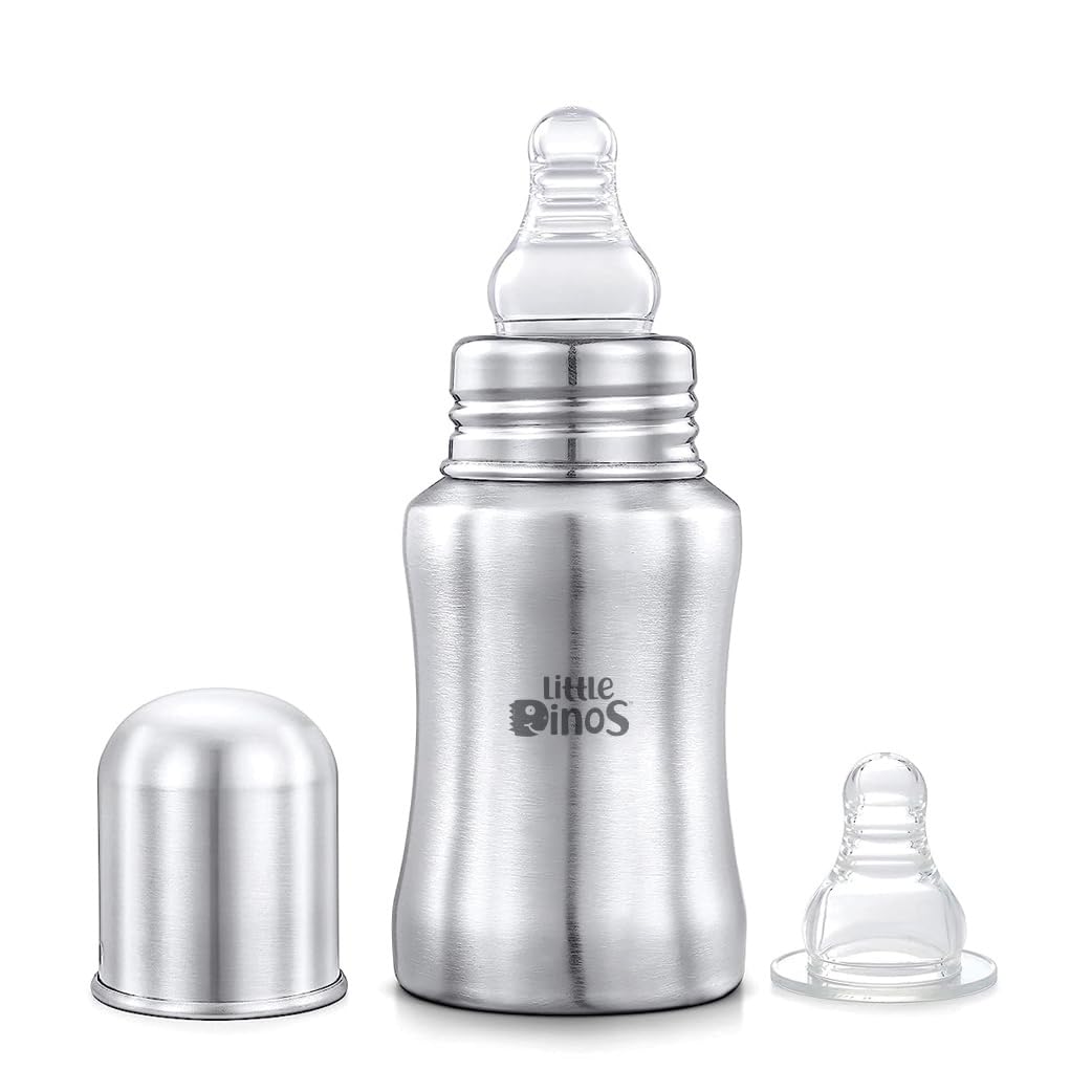 Little Dinos Stainless Steel Baby Feeding Bottle - 140ml, 1 Extra Nipple Free, Milk Bottle for New Born/Infants/Toddler Upto 3 Years, BFA Free