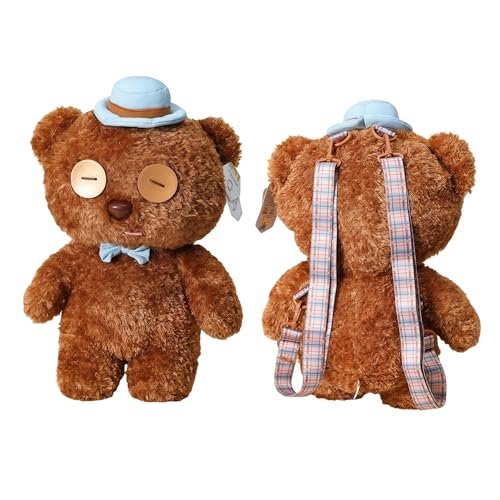 MINISO Minions Series Gentleman Tim Bear Backpack, Brown Teddy Bear with Blue Hat and Bow Tie, Soft Shoulder Bag, Cartoon Character Theme