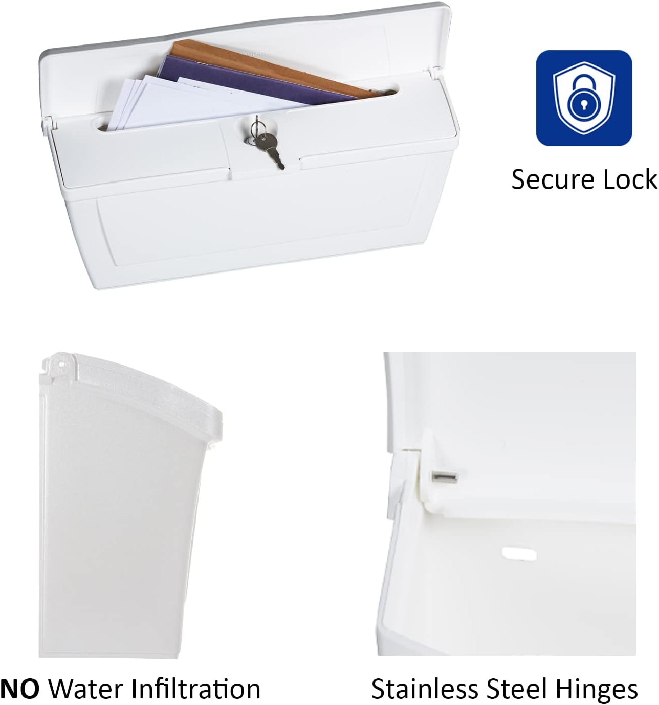 Small Plastic Mailbox with Lock & Keys for Porch, Easy to Install Wall Mount, Lightweight, Heavy Duty, Rustproof, Maintenance-Free Horizontal Mail Box for House - 15.5” x 4” x 6.25” (White Locking)