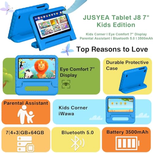 Image of JUSYEA Tablet 7-Inch Android, 64GB ROM (1TB TF), Octa-Core, Widevine L1, GPS, 5G+2.4G WiFi 6, 3500mAh, BT 5.0, Parental Controls, EVA Silicone Protective Case-Blue