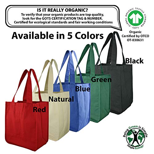 Simple Ecology Organic Cotton Deluxe Reusable Grocery Shopping Bag With Bottle Sleeves - Red 3 Pack (Heavy Duty, Washable, Durable Handles, Foldable, Craft & Gift Bag, 6 Bottle Wine Bag Carrier) #TOP1
