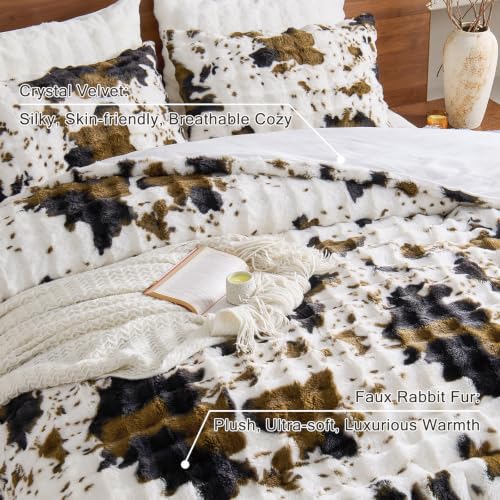 Image of EMME Fluffly Faux Rabbit Fur Bubble Comforter Set Twin, Cow Print