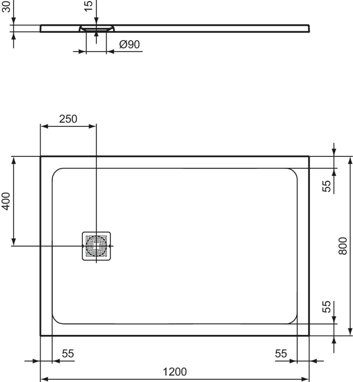 Ideal Standard - Ultra Flat S+, Piatto doccia rettangolare ultrasottile in resina effetto pietra, 120x80cm, Ideal Solid, Scarico lato corto, Sabbia