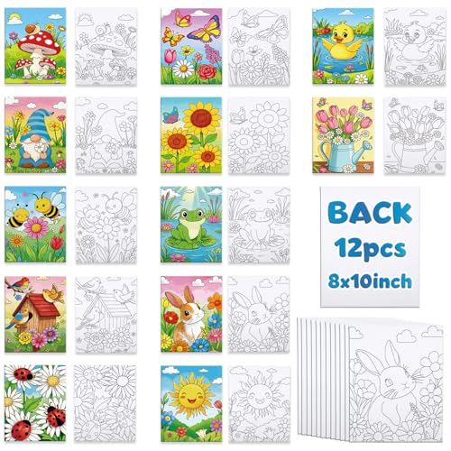 Louise Maelys Pre Drawn Canvas to Paint for Boys Girls - 12 Pack Pre-Stretched 8x10 Inch Canvases with Spring Flowers & Animals Pattern Easy Pre Printed Painting Canvas Kit for Beginner