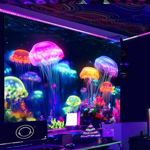 Image of Nuxovilar Neon Ocean Jellyfish Wall Tapestry Polyester 78.74x59.05 In | Glow Poster Trippy Wall Art Marine Decor UV Backdrop Bedroom Lounge Themed Nook Room (Neon Jellyfish Ocean)