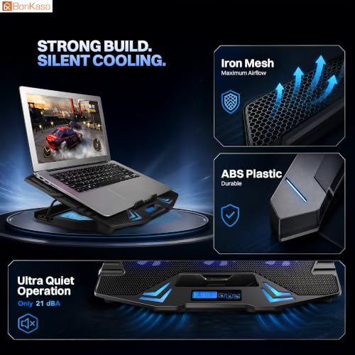Image of Bonkaso Laptop Cooling Pad for Up to 15.6 Inch Laptops, 6 Blue LED Fans, 1900 RPM, Digital Display, 2 /4 /6 Fan Modes, 5-Level Adjustable Stand, Dual USB Extension, Iron Mesh, 21 dBA