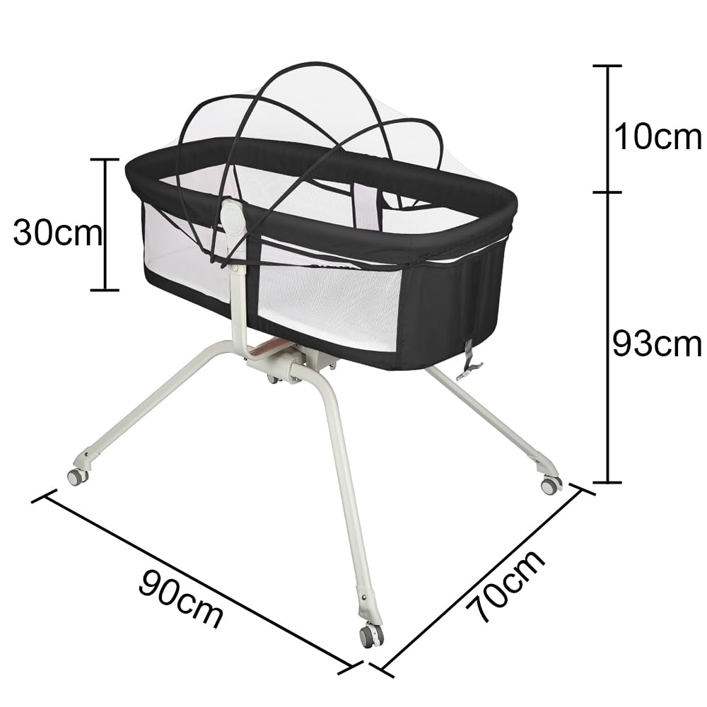 Cuna Colecho Bebé con Colchón y Mosquitera, Altura Ajustable, Cuna Plegable con Ruedas y Función Mecedora, de 0 a 36 Meses（94 * 70 * 80cm,Negro）