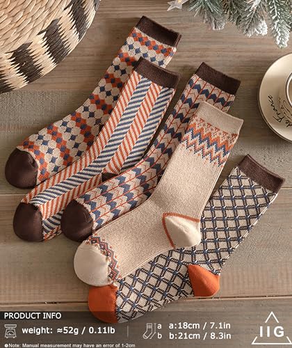 Image of IIG 3-5 Pairs Womens Vintage Cozy Crew Socks Soft Cute Neutral Cotton Socks Exquisite Patterns Socks Gift