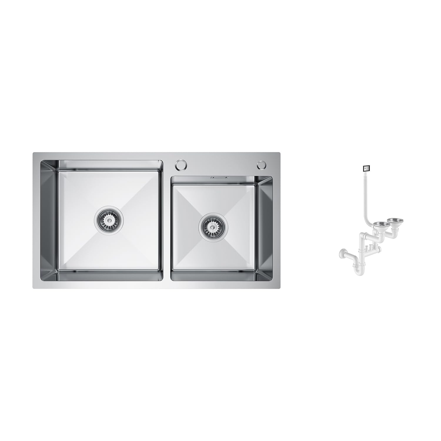 Fregadero de cocina de acero inoxidable, 78 x 45 cm, doble lavabo con juego de sifón