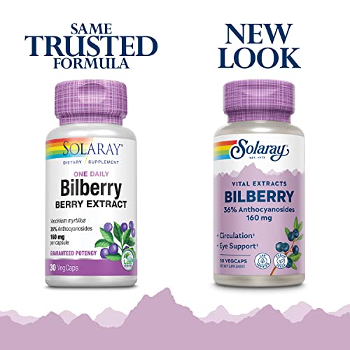 Solaray Bilberry Extract 160 Mg, Eye Health & Circulation Support, 36% Anthocyanosides Plus Blueberry, Vegan, 30 Vegcaps #TOP3