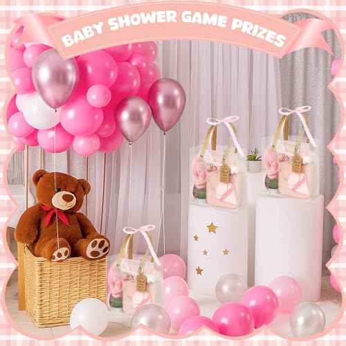 Baby Shower Prizes for Winners Gifts Headband Hair Brush Jewelry Box Plants Candles Bracelet Hand Cream Compact Powder Puff Hair Claw ribbon Gift Bag Beaded Necklace Bridal Shower(6 Sets-Pink)4