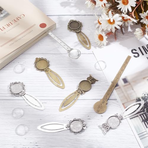 HOBBIESAY 16 pcs 4 Styles Bookmark Tray Pendant Kit Antique Bronze Silver Bookmarks Round Clear Glass Cabochons Book Page Marks Bookmark for Book Lovers DIY Bookmark Making,Tray:20mm - Image 4