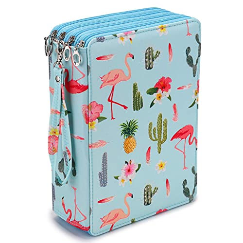 BSTKEY 200 Slots Large Capacity Colored Pencil Case - Flamingo Pattern Pencil Case Students Colored Pencil Wrap Storage Case Bag Pouch Holder Stationery Organizer, Blue (No Pencils)