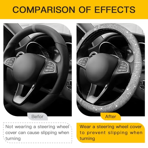 Image of Car Steering Wheel Cover with Sparkly Rhinestones, Bling,Suitable for Most 14.5 inch-15 inch Pickup Trucks, SUV (White)