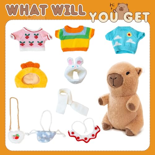 Image of Capybara Plush for Boys Girls Birthday Dress Up Cute Plushies,10 Pcs Set,9 Clothes and Accessories Kawaii Stuffed Animal Plushie Toy, Soft Peluche Doll for Kids 10.2 in