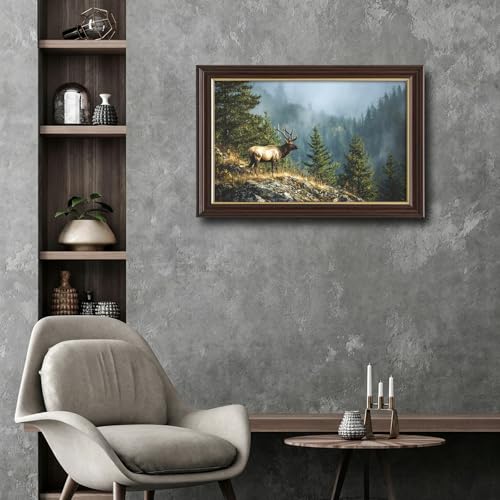 Image of Antique Framed Bull Elk Canvas Wall Art, Forest Wildlife Portrait Oil Painting Canvas Prints, Vintage Cabin Wall Decor Pictures for Living Room Bedroom Office