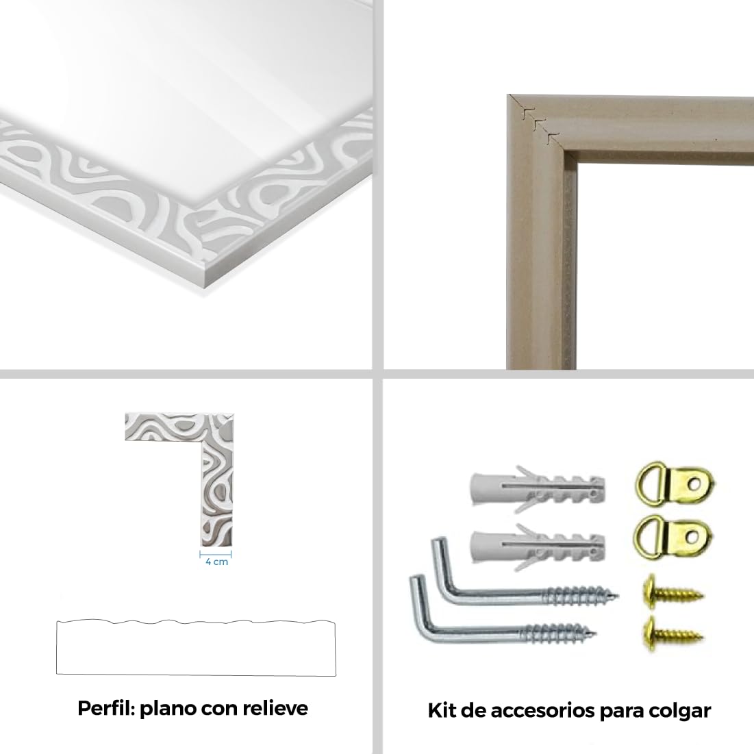 CHELY INTERMARKET MOD144 Espejo Pared Cuerpo Entero Decorativo Estilo Clásico para Salón Dormitorio Elegante Marco Relieve Blanco Plata 35x140 cm Incluye Kit Colgar Fabricado España