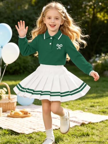 Image of Betusline Girls Long Sleeve Polo Skirt Set Kids Preppy Uniform Outfit,4-14Y