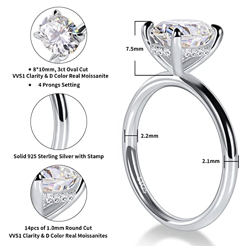 Ladylike 1/1.5/2/3CT Oval Cut Moissanite Engagement Ring for Women 925 Sterling Silver Solitaire Rings with Hidden Halo D Color VVS1 Promise Wedding Ring for Her2