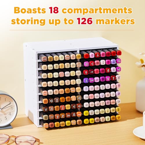 Image of MotiMind Marker Organizer for 126 Markers, Adjustable Colored Pencils Storage Holder Organizer, Art Pen Brushes Display Stand with 18 Compartments for Desk, Home, Office