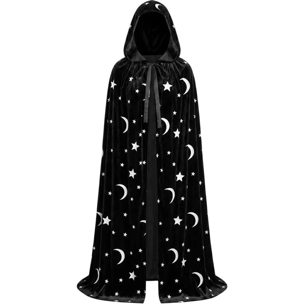 Sslvya Moon and Star Print Hooded Cloak Velvet Cape with Hood Halloween Capes Witch Costume Vampire Cloak Wizard Robe Halloween Cosplay Costume
