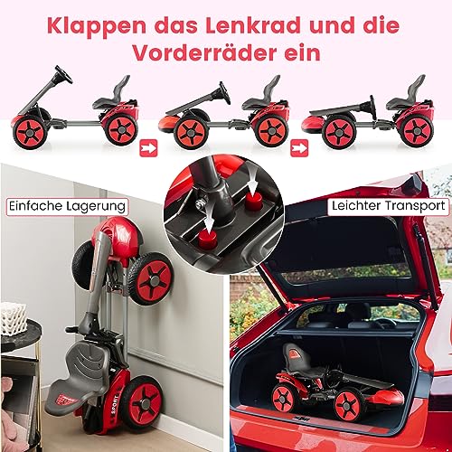 DREAMADE 12V Elektroauto Gokart mit LED-Licht & EIN-Tasten-Start-Funktion, Kinder Elektro Kart mit verstellbarem Sitz und Lenkrad, Pedal Go Cart für Kinder 2-5 Jahre alt (Rot) – Bild 8