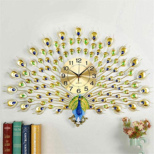 AIOJY Reloj De Pared 3D Gran Pavo Real, Diseño Moderno MUTO Sin Tick Reloj Relojes De Pared Digital Pared De Sonido Metálico,Agold80 * 60 Cm