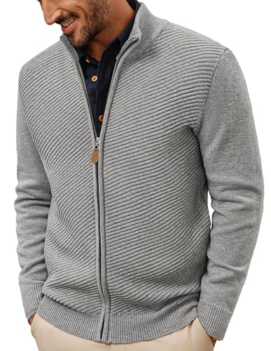 PJ PAUL JONES Cárdigans de punto acanalado con cremallera completa y cuello alto para hombre, gris, L