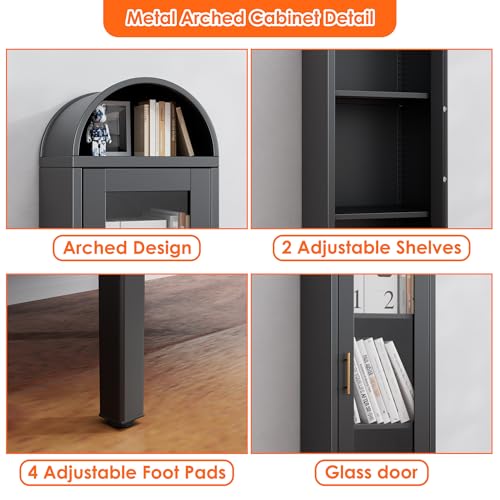 Image of 63 inch H Metal Arched Display Cabinet with 2 Adjustable Shelves, Arch Bookcase with 1 Glass Door for Dining Room, Living Room, Office, Bathroom, Assembly Required (Black)