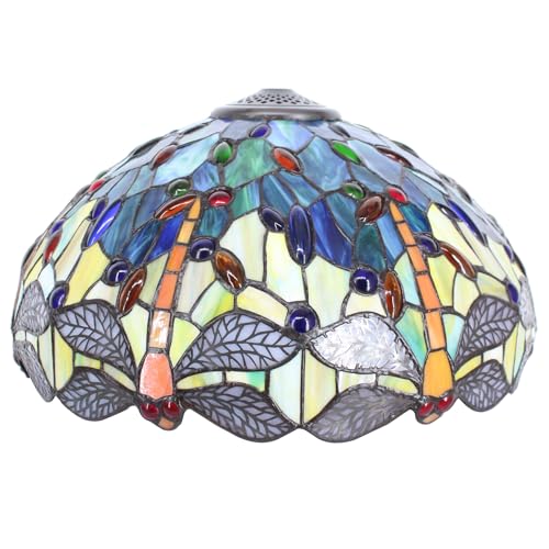 Image of 16Inch Tiffany Lamp Shade Replacement Only(Blue Yellow Dragonfly) | Stained Glass Lampshade Fit For Table Lamps FLoor Lamp Ceiling Fixture Pendant Hanging Light Home Office Decoration