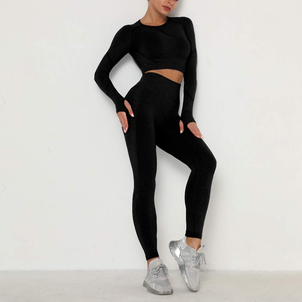 2 szt. zestaw damski joga fitness odzież sportowa bezszwowa fitness krótki biustonosz legginsy siłownia strój do biegania dres, Czarny, M