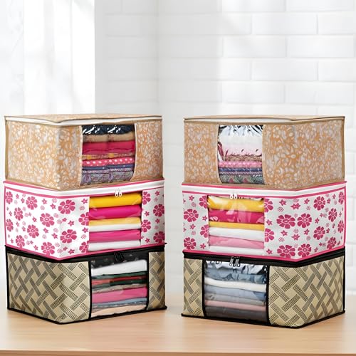 Image of Non-Woven Saree & Clothes Storage Bags | Wardrobe Organizer with Heavy-Duty Zipper | Set of 6 (Red-Yellow-Yellow Checked) | Foldable Dust-Proof Closet & Bedroom Storage