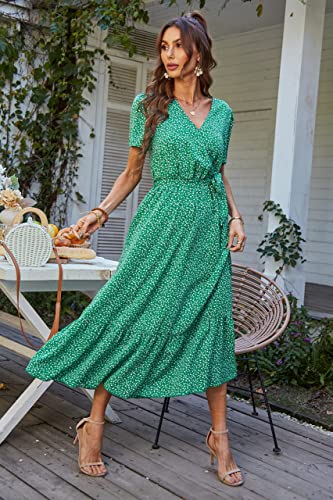 PRETTYGARDEN Women's Summer Floral Boho Maxi Dress Wrap Short Sleeve V Neck Ruffle A-Line Flowy Wedding Guest Long Dresses
