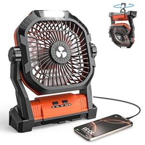 Camping Fan 27000mAh with LED Lantern – Cordless Portable Fan 8 inch USB C Battery Operated Rechargeable Powered Ventilador with Hanging Hook – 270° Rotating 4 Speed Personal Fa n for Travel Camping