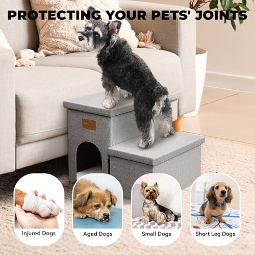 Image of Zerbuger Dog Stairs 15 inch H, 2-Step Wider Dog Steps for Small /Medium /Large Old Dogs Cats, Folding Sturdy Storage Pet Stairs Climbing Bed Couch, Dog Ramp for Car Hold Up to 150 lbs(Gray, with Condo)