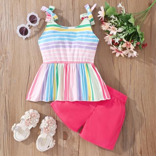 Image of Toddler Girls Clothes Summer Short Set Outfit Tie Knot Shoulder Sleeveless Ruffle Tops and Shorts 2PC Clothing Set
