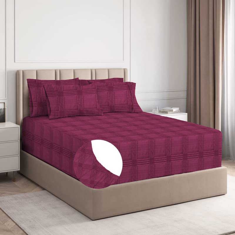 BSB HOME Premium Cotton Elastic Fitted Embossed Linen Bedsheets with 2 King Size Pillow Covers | Double Bed with All Around Elastic 210 TC Supersoft | Size - King Size 78X72+10 Inches, Maroon