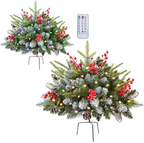 Set of 2 18 Inch Lighted Outdoor Christmas Tree with Remote, Time...