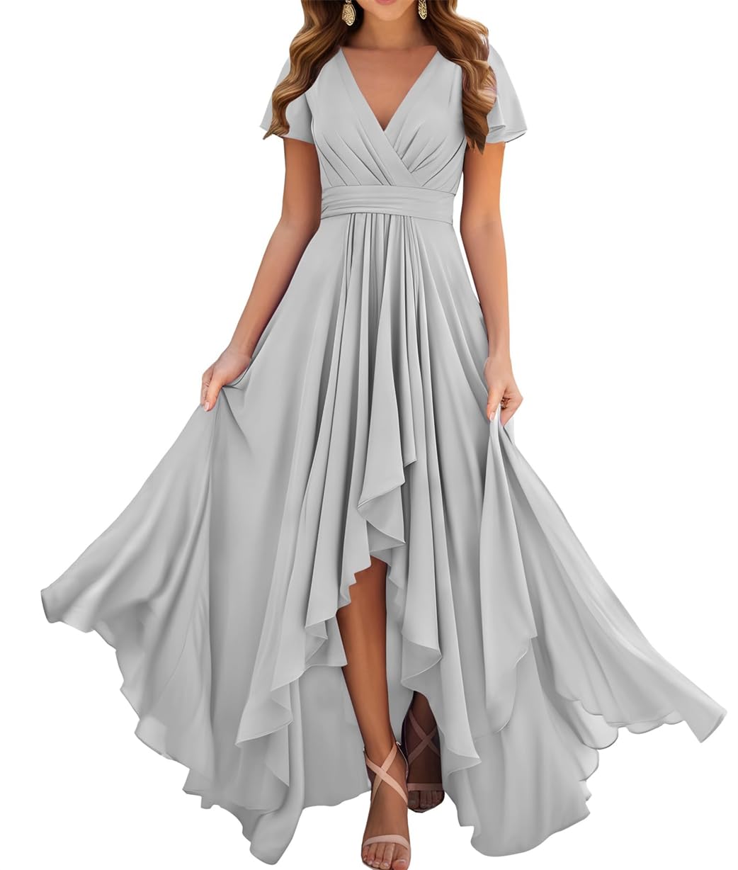 WSEYU Short Sleeve Wedding Bridesmaid Dress Ruched Chiffon Long Formal Evening Party Prom Gowns with Slit ZM209 Silver UK22