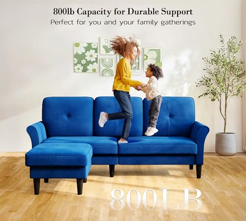 Image of Kidirect Small Sectional Couch, 83 inch L Shaped Couch, Comfy Velvet Couches for Living Room, Tool-Free Setup Modular Sectional Sofa, 850lbs Load Sofas for Living Room with 1 Movable Ottoman, Blue Couch